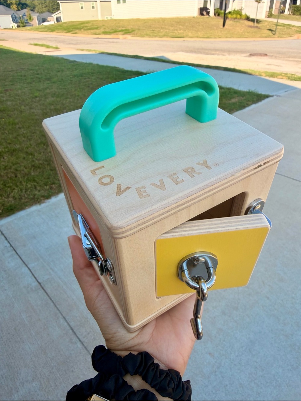 Lovevery Montessori Busy Box with Teal Handle - Early Learning Activity Cube